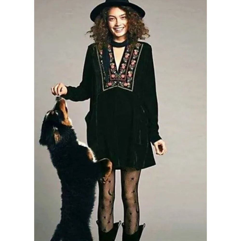 Free People Always Forever Velvet Mini Dress XS Black Whimsigoth Boho Floral
